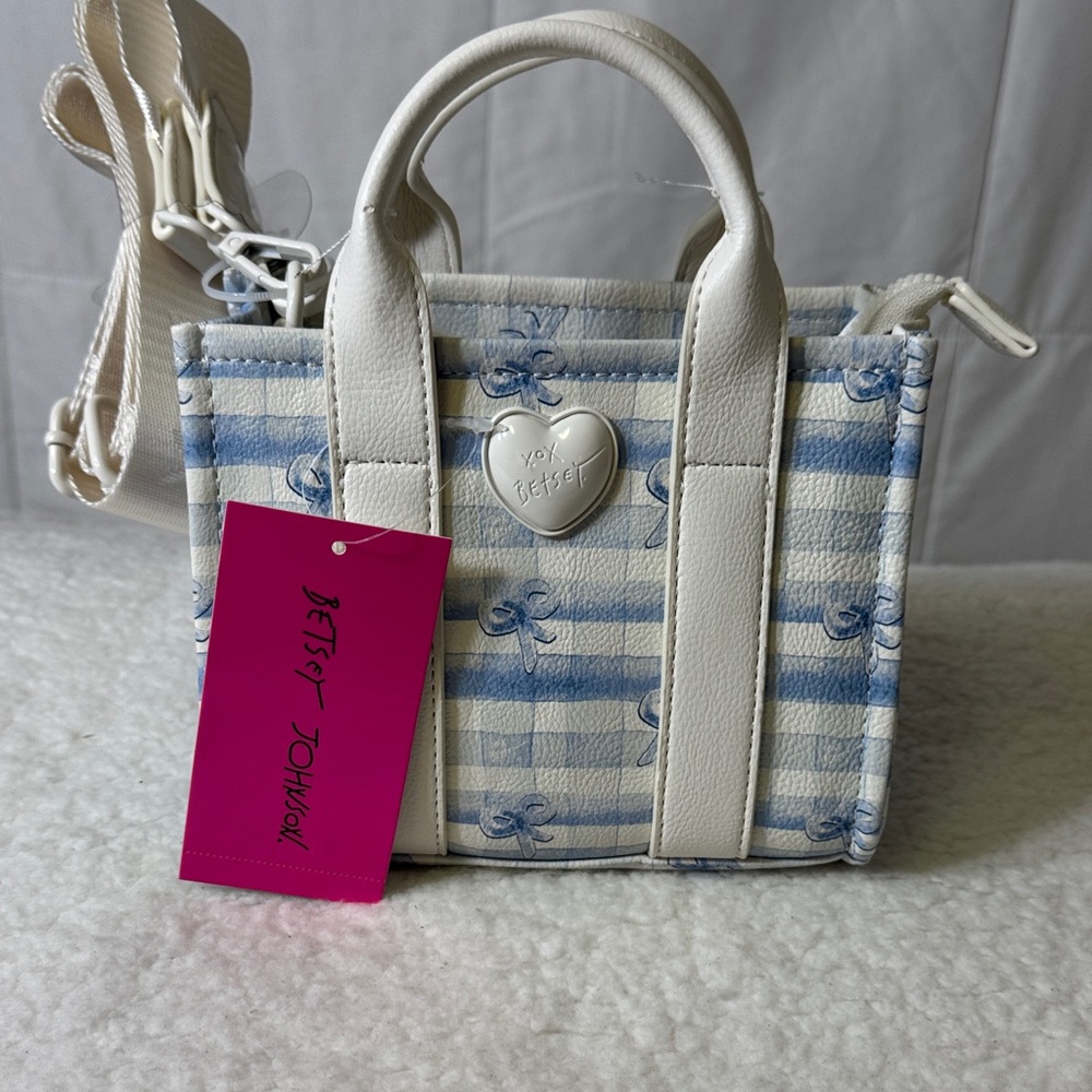 Betsey Johnson XOX‎ Mini Tote Crossbody Blue Bow Stripe Bag NWT